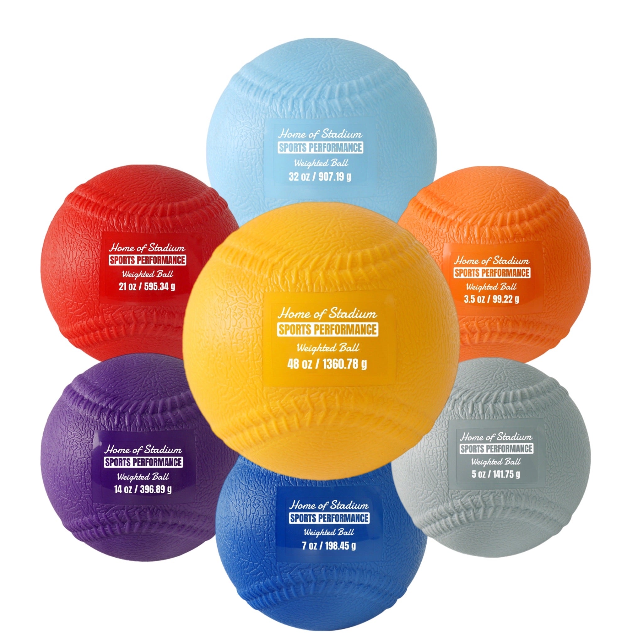 Plyo Soft Shell Weighted Ball Set 32, 21, 14, 7, 5, and  3.5oz-Pitching/Throwing Velocity Training for Baseball and Softball